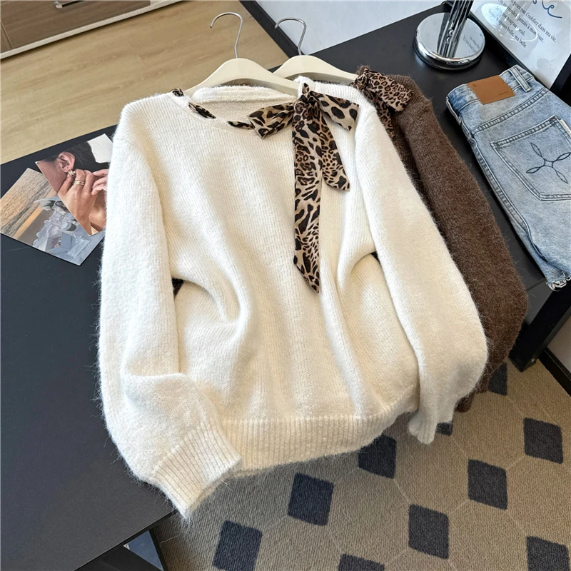 复古豹纹蝴蝶结丝巾圆领套头毛衣女秋冬慵懒风宽松百搭针织衫上衣