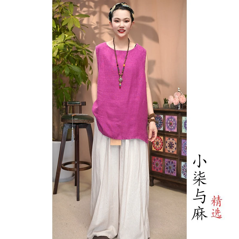 【小柒与麻】春秋季新款复古风亚麻无袖背心（衣长66胸围120）