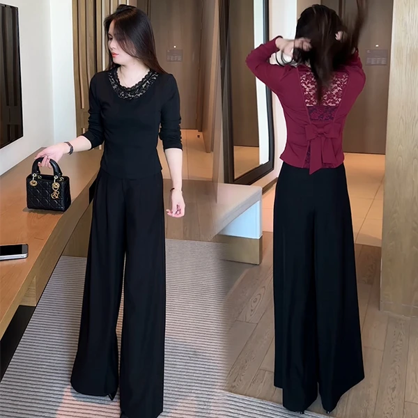 洋气百搭圆领宽松T恤法式纯色蕾丝秋装拼接长袖名媛上衣 356-1