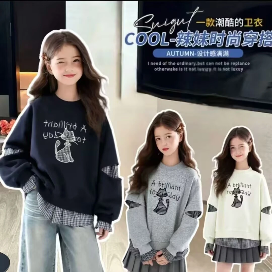 2025新款刺绣小猫女童卫衣春秋款时尚宽松髦百搭儿童秋装上衣