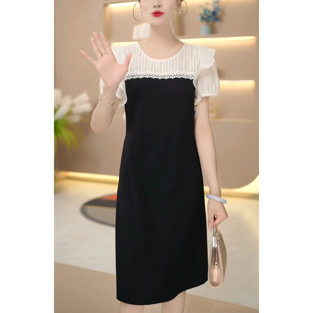 时尚设计感短袖连衣裙女2025夏季新款气质显瘦荷叶边中长款休闲裙