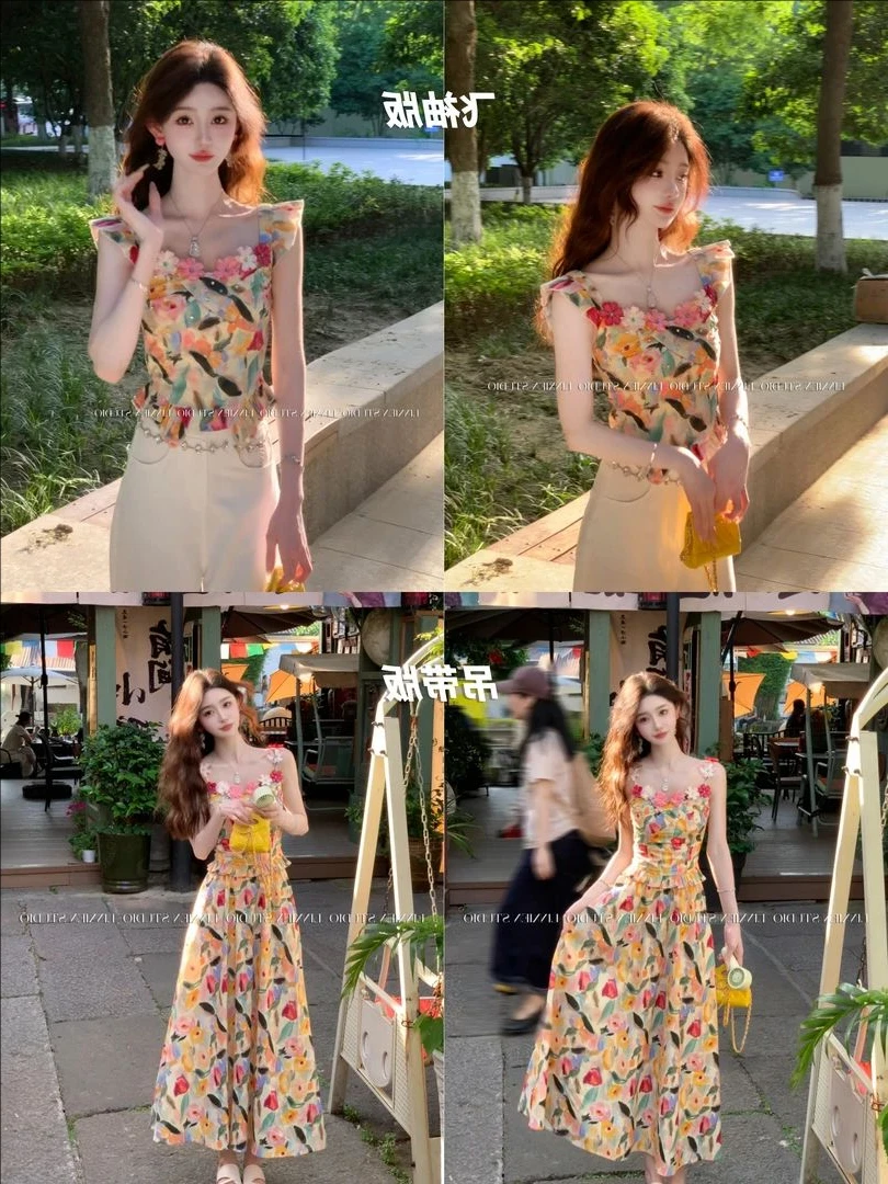 夏季洋气油画重工钉钻花朵上衣吊带X5DD2011