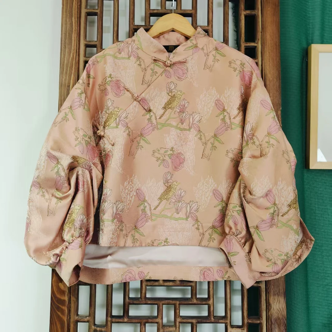 凤徕兮私人定制粉色郁金香暗纹捏褶袖斜襟盘扣短上衣 (SY5201)