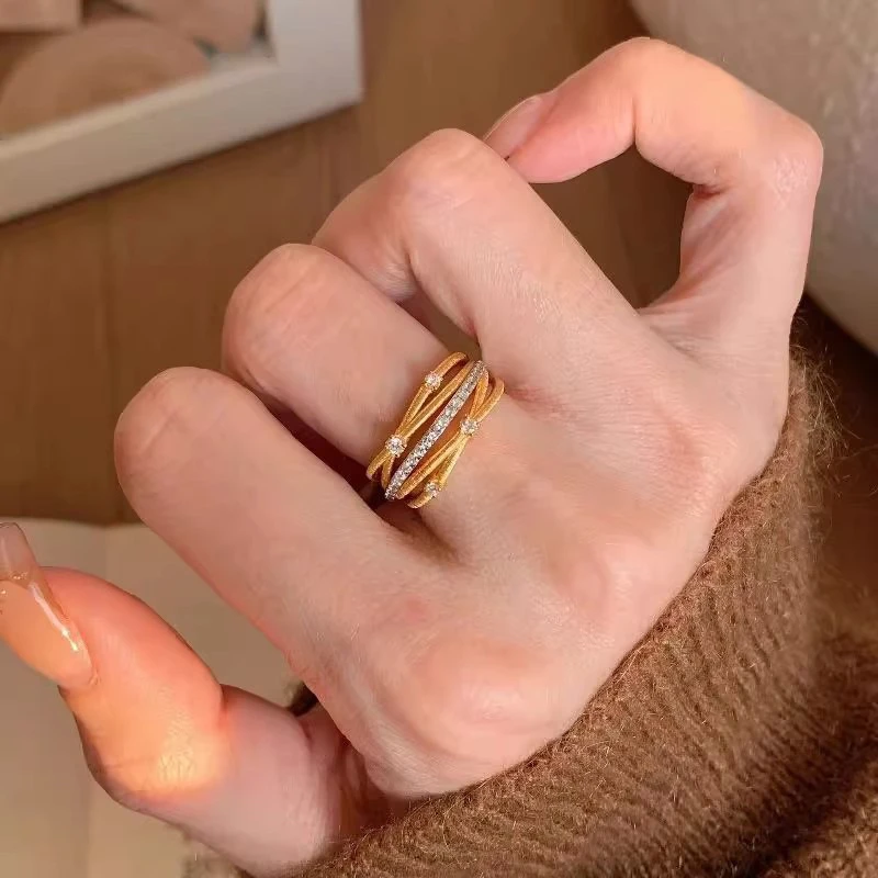 铜合金戒指 爆款拉丝多层缠绕戒指时尚轻奢超闪精致指环欧美气质