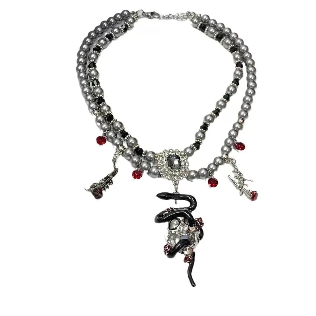 暗黑风蛇形骷髅双层项链