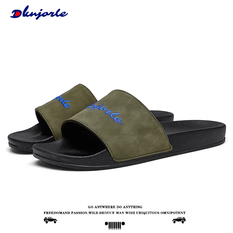 【官方正品】DKNJORLE拖鞋男士欧美风刺绣休闲外穿凉拖鞋情侣一字拖