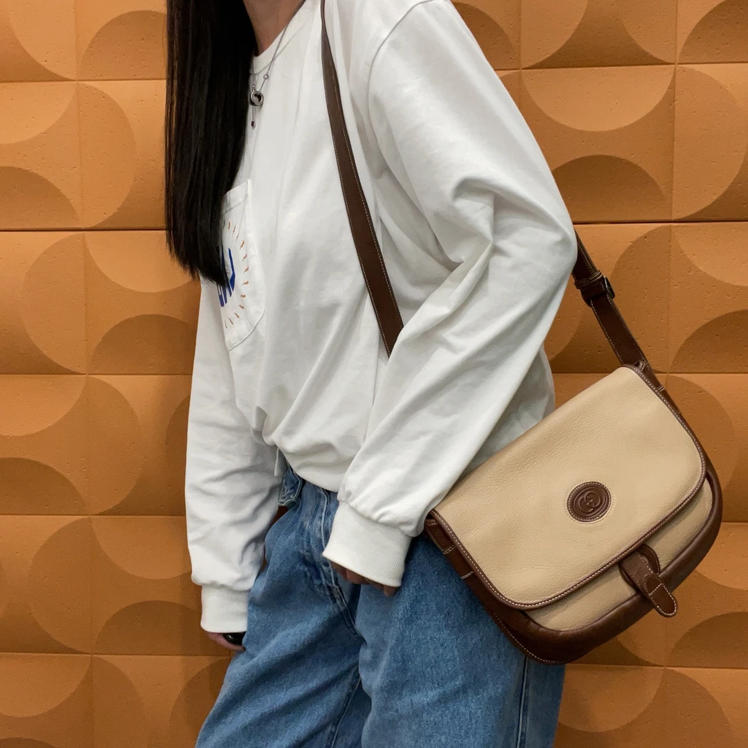 95新 GUCCI/古驰 【KK】 16PP07 米咖拼色翻盖单肩包