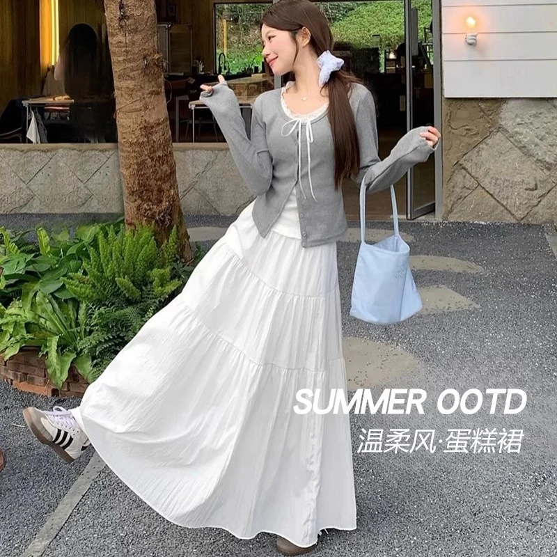 白色半身女夏季2025新款高腰显瘦a字伞裙中长款蓬蓬裙子半身裙