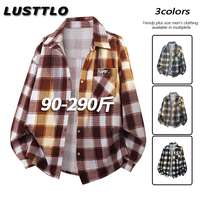 大码格子衬衫外套宽松潮流春秋款百搭叠穿港风衬衣加肥加大寸衣