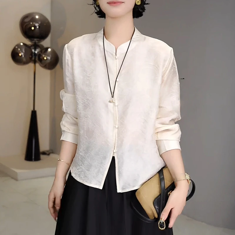 新中式国风复古盘扣长袖衬衫女2025春秋新款提花暗纹宽松显瘦上衣