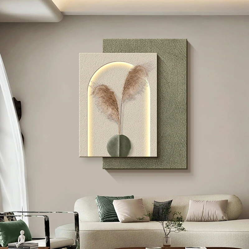 侘寂风客厅装饰画高级感立体砂岩沙发背景墙挂画玄关绿植发光灯画