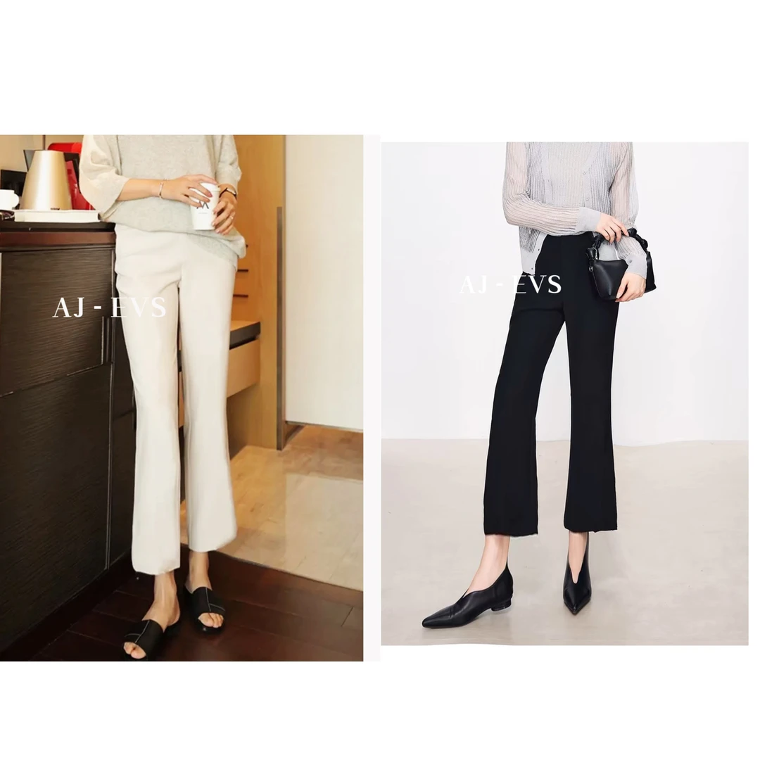 AJ-EVS【微喇女神冰凉裤· 抗皱垂感丝滑手工银珠腰设计微喇9分裤】