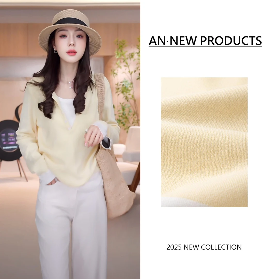 假两件V领针织衫女2025春季新款宽松休闲洋气减龄长袖上衣5026