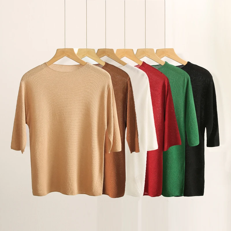 夏季百搭毛针织衫薄款针织衫圆领纯色大朗针织毛衣修身毛衣女宽松