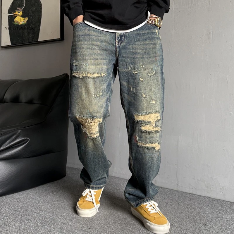 春秋季美式休闲痞帅重磅复古做旧破洞牛仔裤男直筒宽松破烂锥形裤