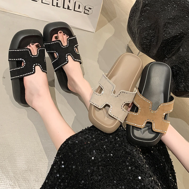 厚底平跟修面皮松糕底时尚ins学生百搭凉鞋一字拖夏季沙滩鞋