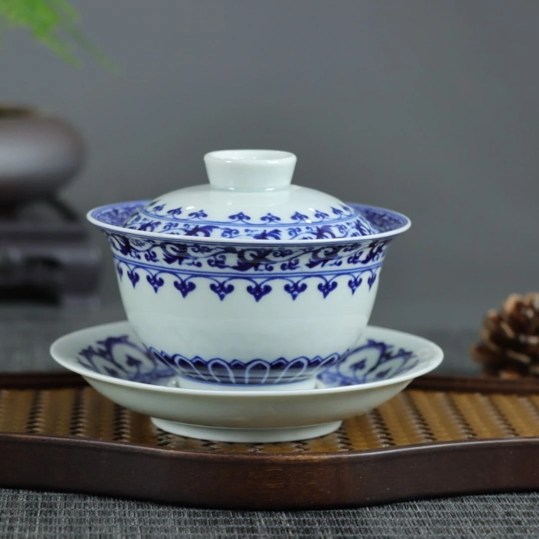 景德镇宝相花釉下彩陶瓷三才盖碗家用景德镇盖碗茶具泡茶碗