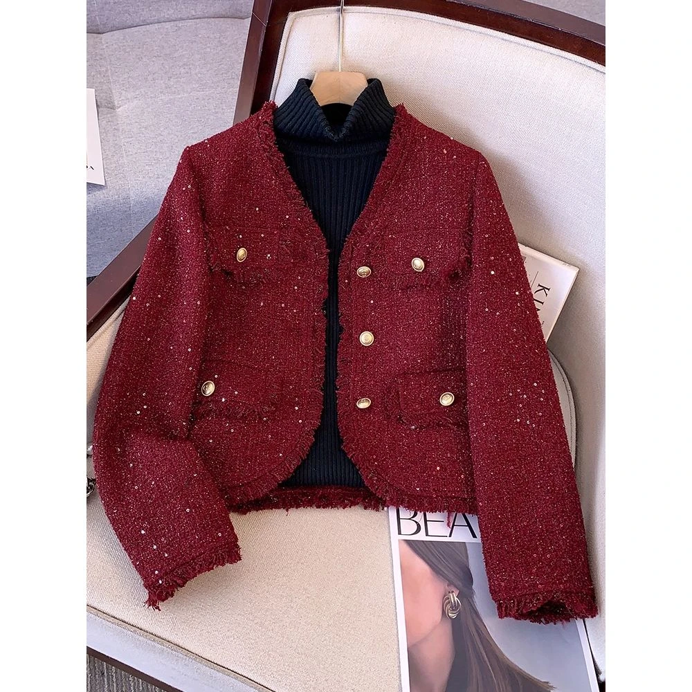 红色小香风粗花毛呢短款外套女爆款2025深秋初冬新款夹棉加厚夹克