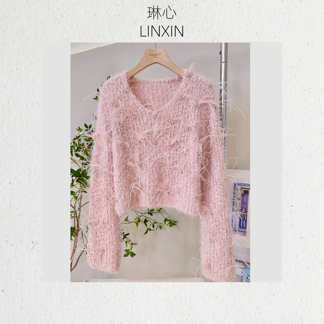 秋冬新款时尚百搭粉色拉毛钉钻套头针织衫0104