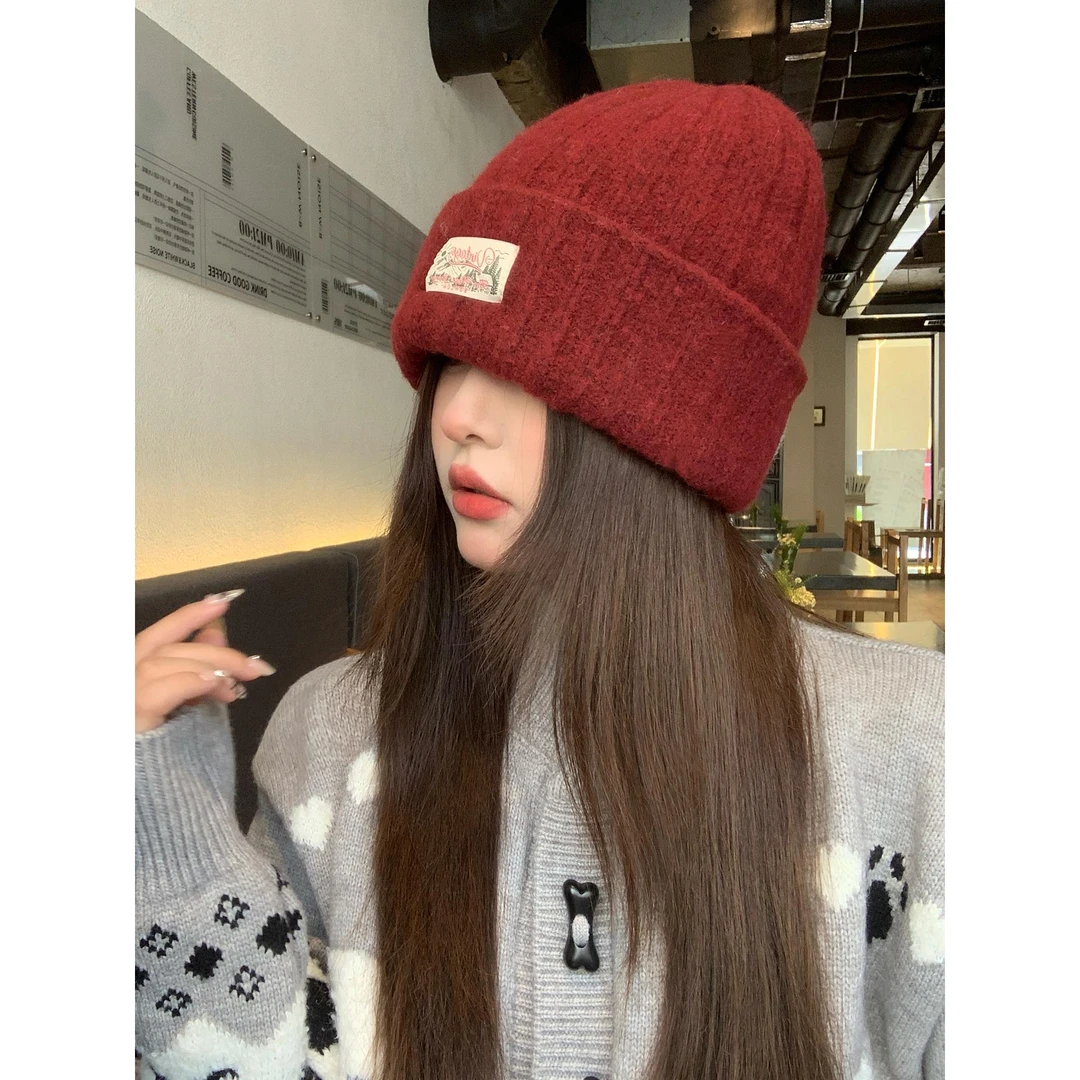 Miss Silas新款纯色贴布针织帽子女韩系保暖防寒护耳显脸小包头帽