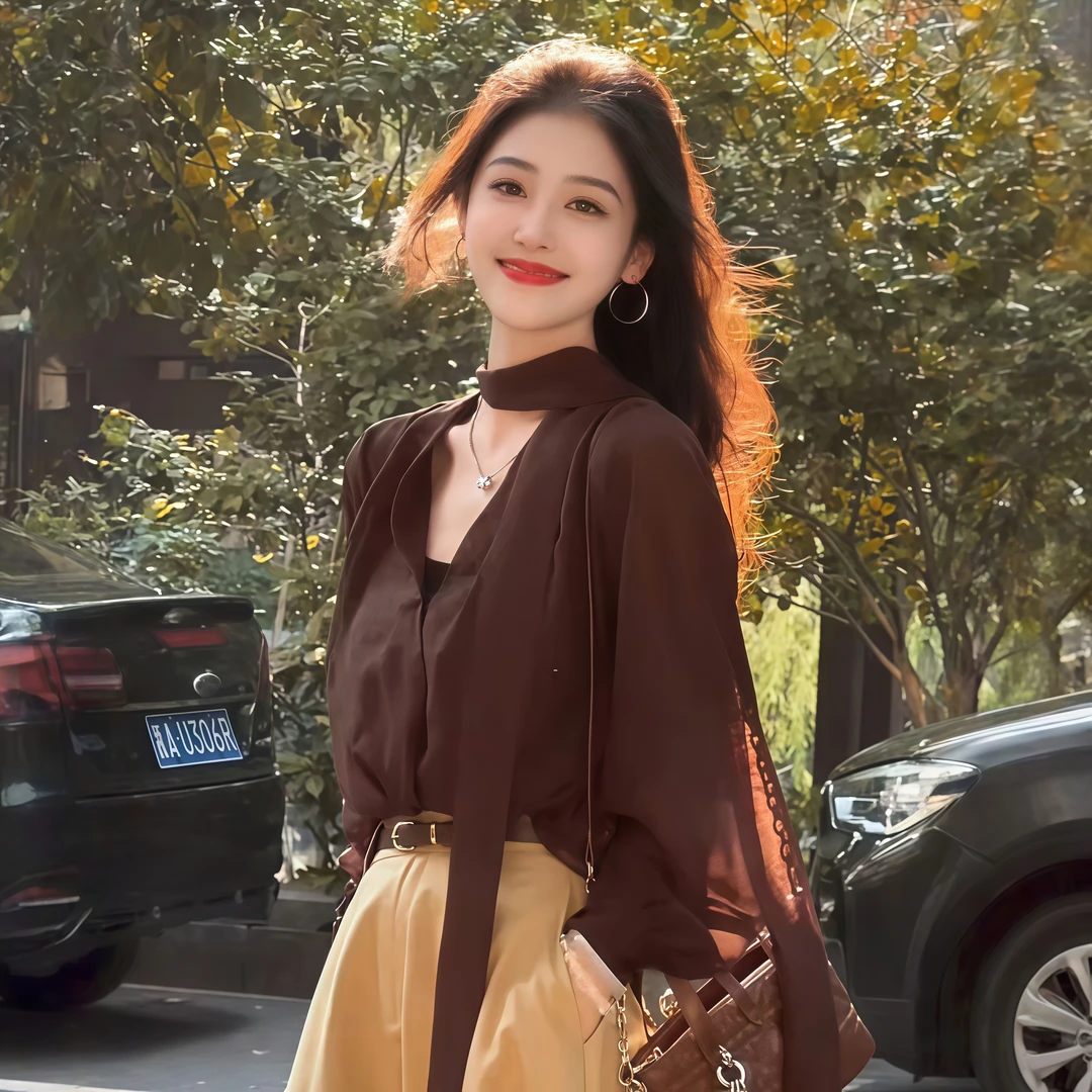 法式v领复古洋气衬衫女2025秋季新款设计感小众飘带领结长袖上衣
