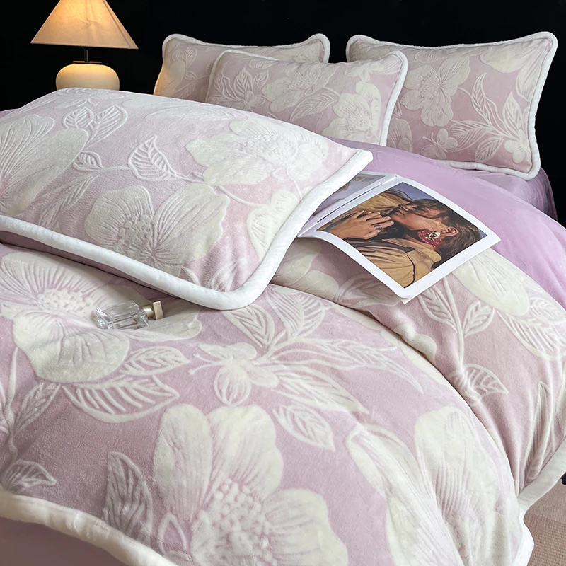 5D立体雕花牛奶绒加厚双面绒四件套保暖不掉毛防寒无静电冬季床品