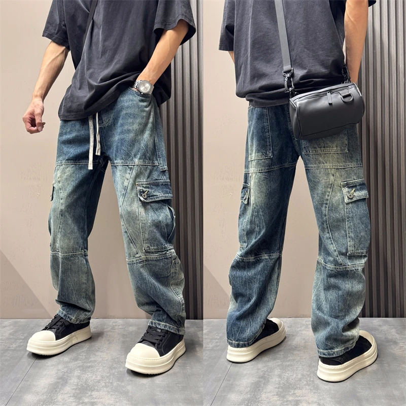 2025秋季美式工装多口袋牛仔裤男潮流拼接复古高街弯刀牛仔长裤