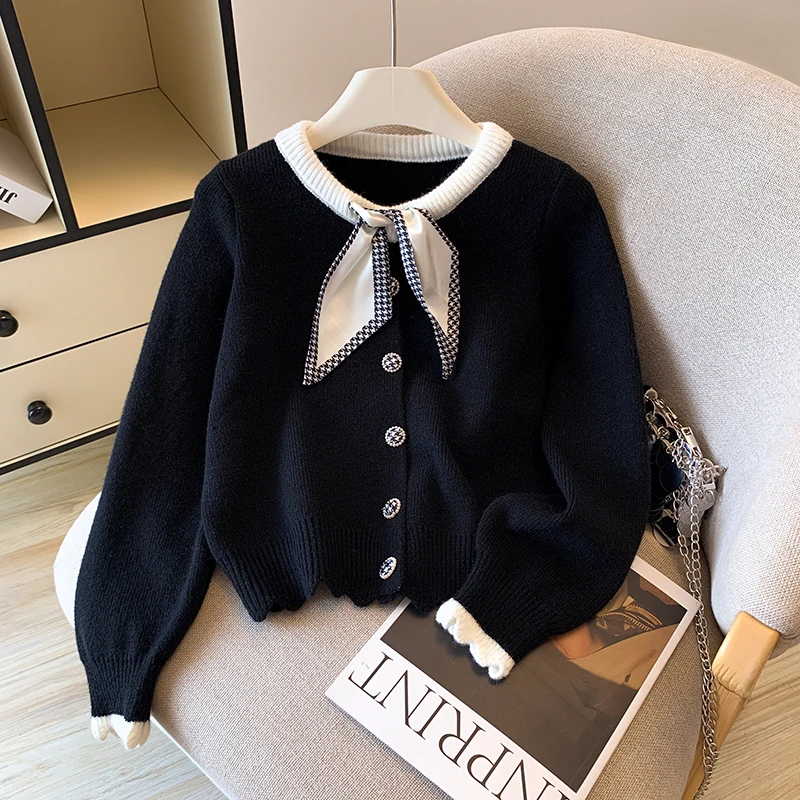 小香风洋气丝巾飘带针织开衫女秋季新款甜美百搭显瘦长袖上衣外套