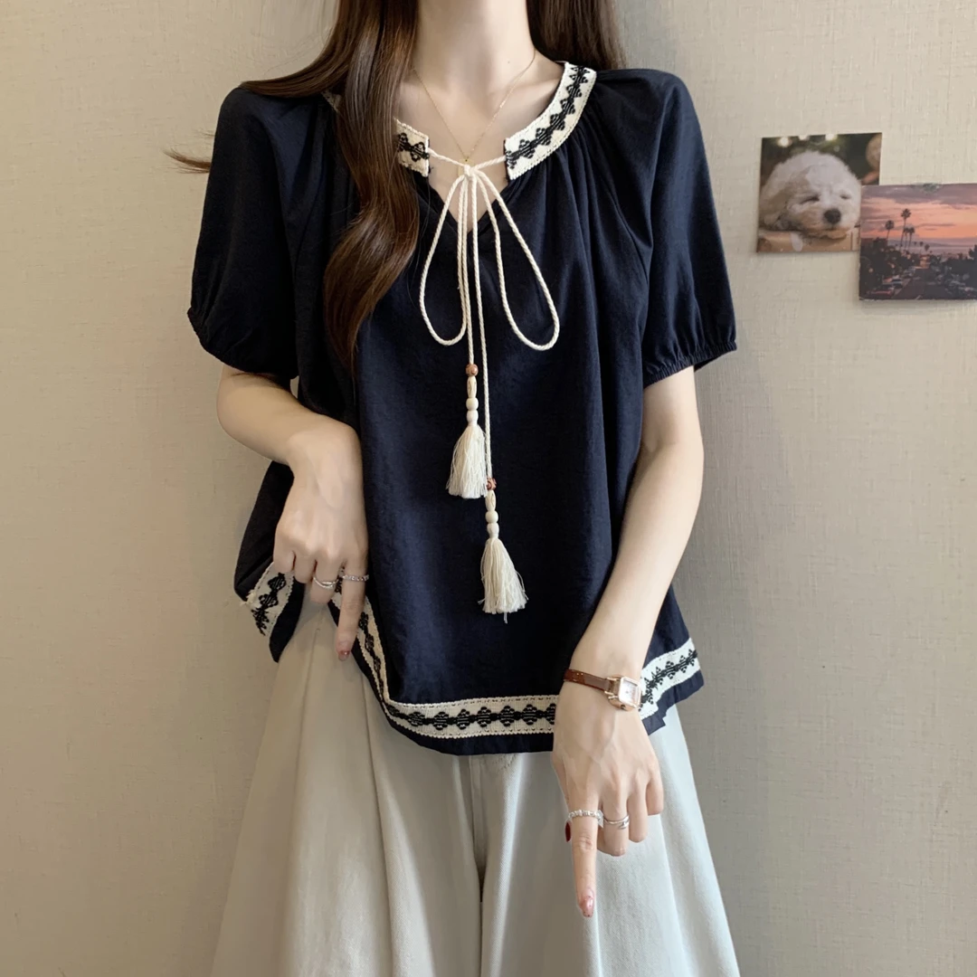 大码女装遮肚子民族风短袖衬衫女夏季胖妹妹宽松显瘦减龄百搭上衣