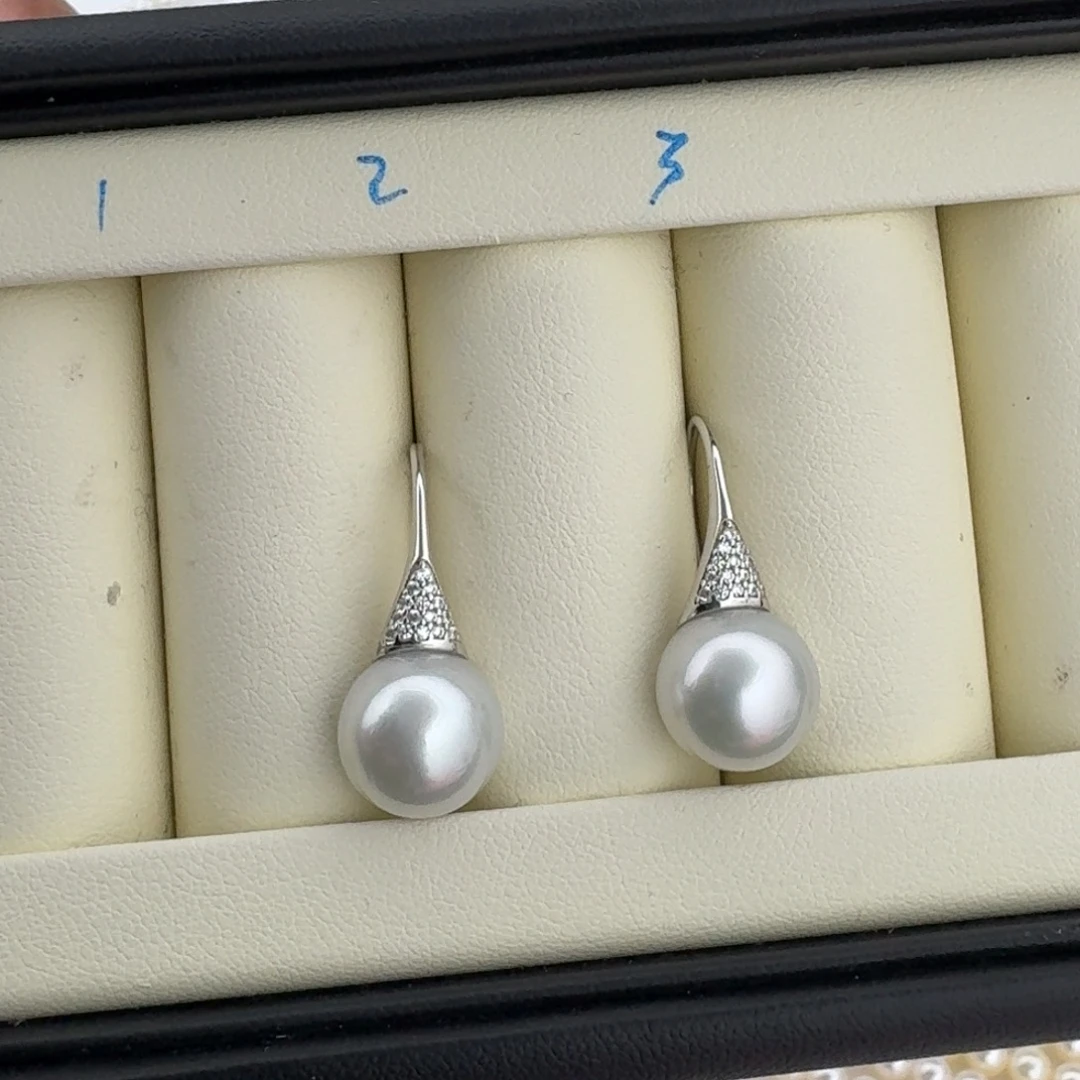 耳饰银S925镶嵌海水珍珠澳白正圆微瑕11.5mm