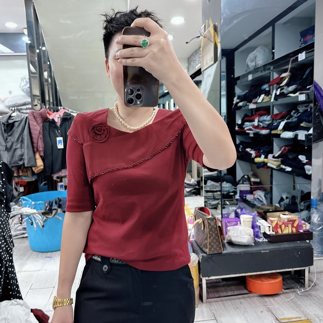 秋装2色拼珠小方领精梳棉优质上衣69018欧美