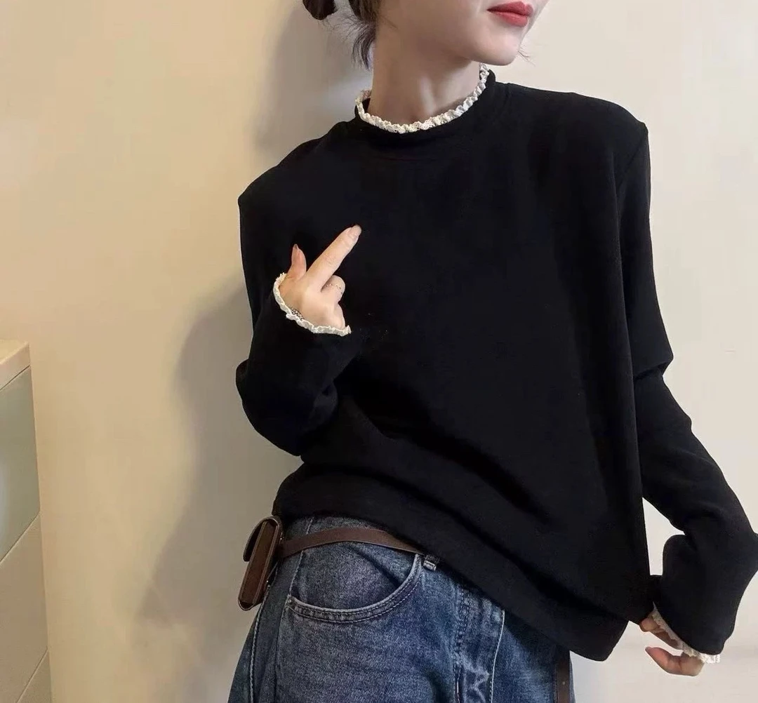 9565-BQ时尚黑色半高领蕾丝拼接德绒上衣（80-135）