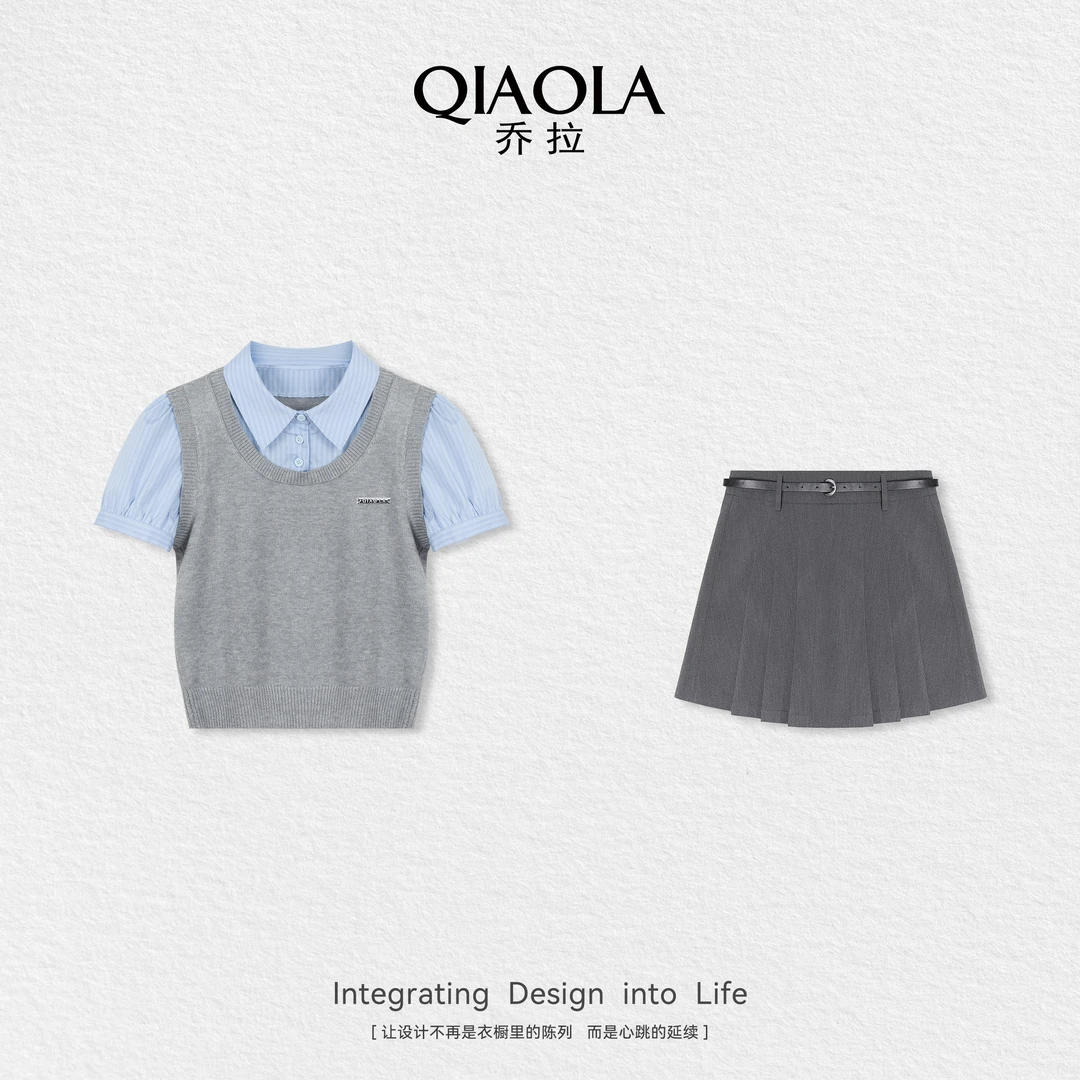 QIAOLA/乔拉【美德高校】夏新款假两件上衣通勤高级感时尚套装预售