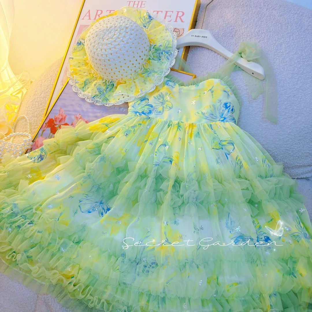 （清仓）夏款黄绿吊带重工网纱公主裙洋气女孩连衣女童裙夏季蓬蓬纱