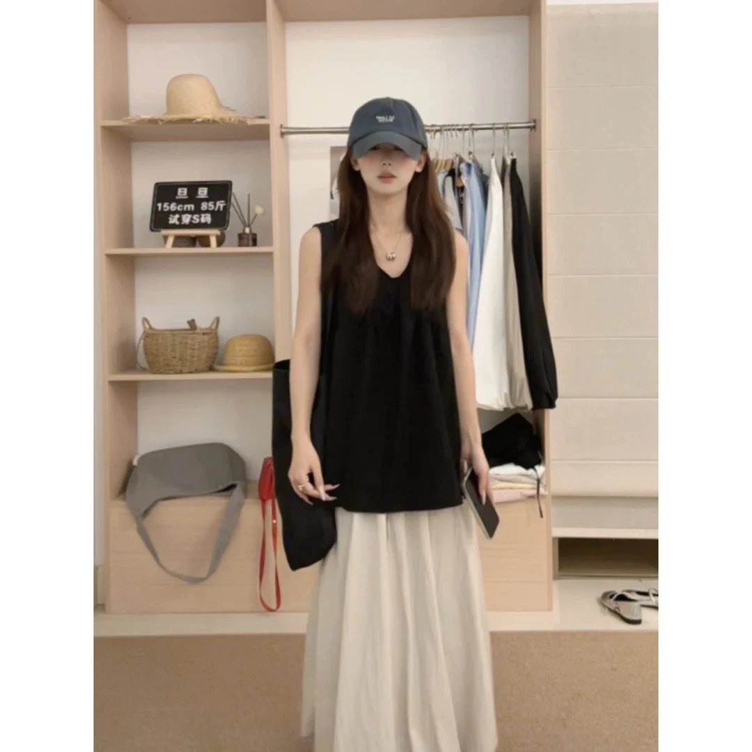 法式设计感黑色v领吊带背心女2025夏外穿无袖衬衫露肩娃娃衫上衣
