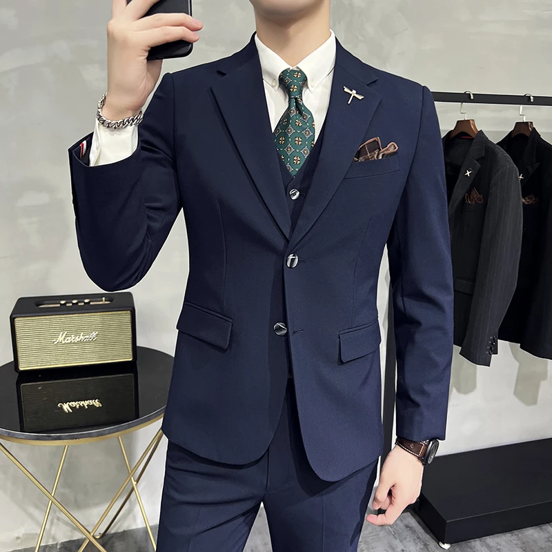 高档大码痞帅两粒扣西服套装三件套新郎礼服西装男士时尚休闲潮流