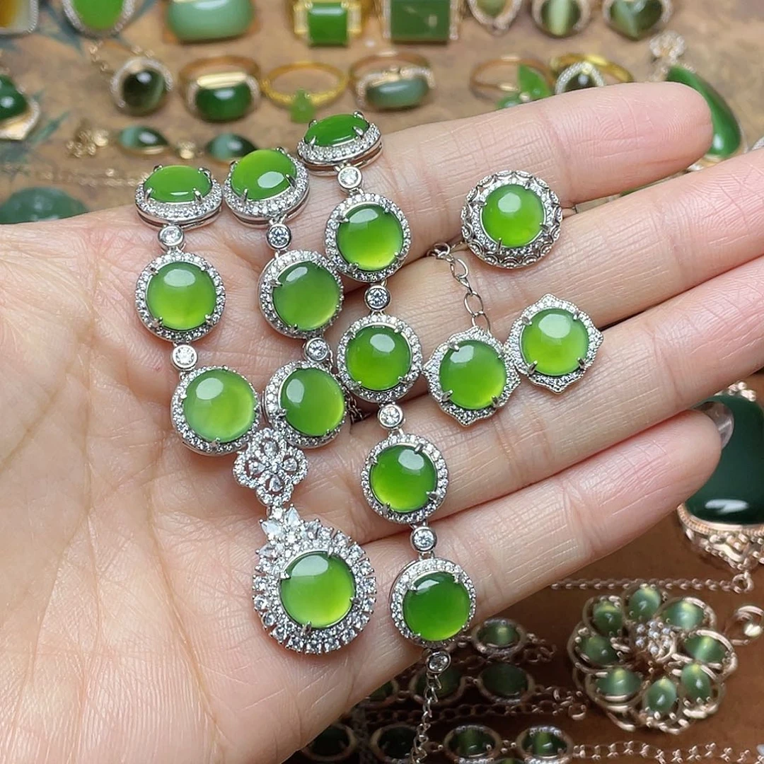 和田玉（碧玉）银S925镶嵌吊坠(不含链)套装