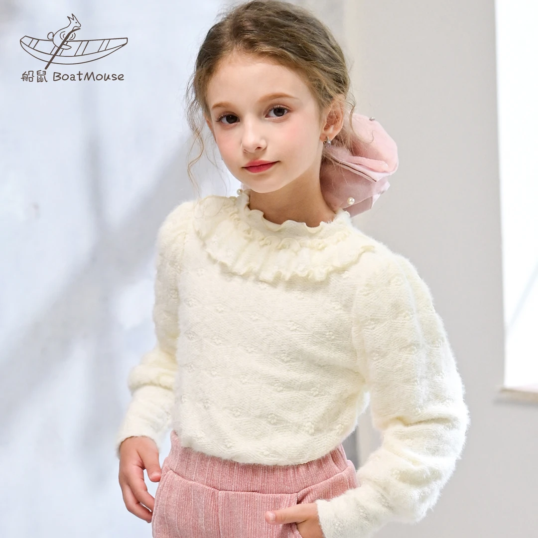 船鼠女童打底衫秋冬加绒加厚木耳边领 儿童长袖t恤小女孩蕾丝上衣