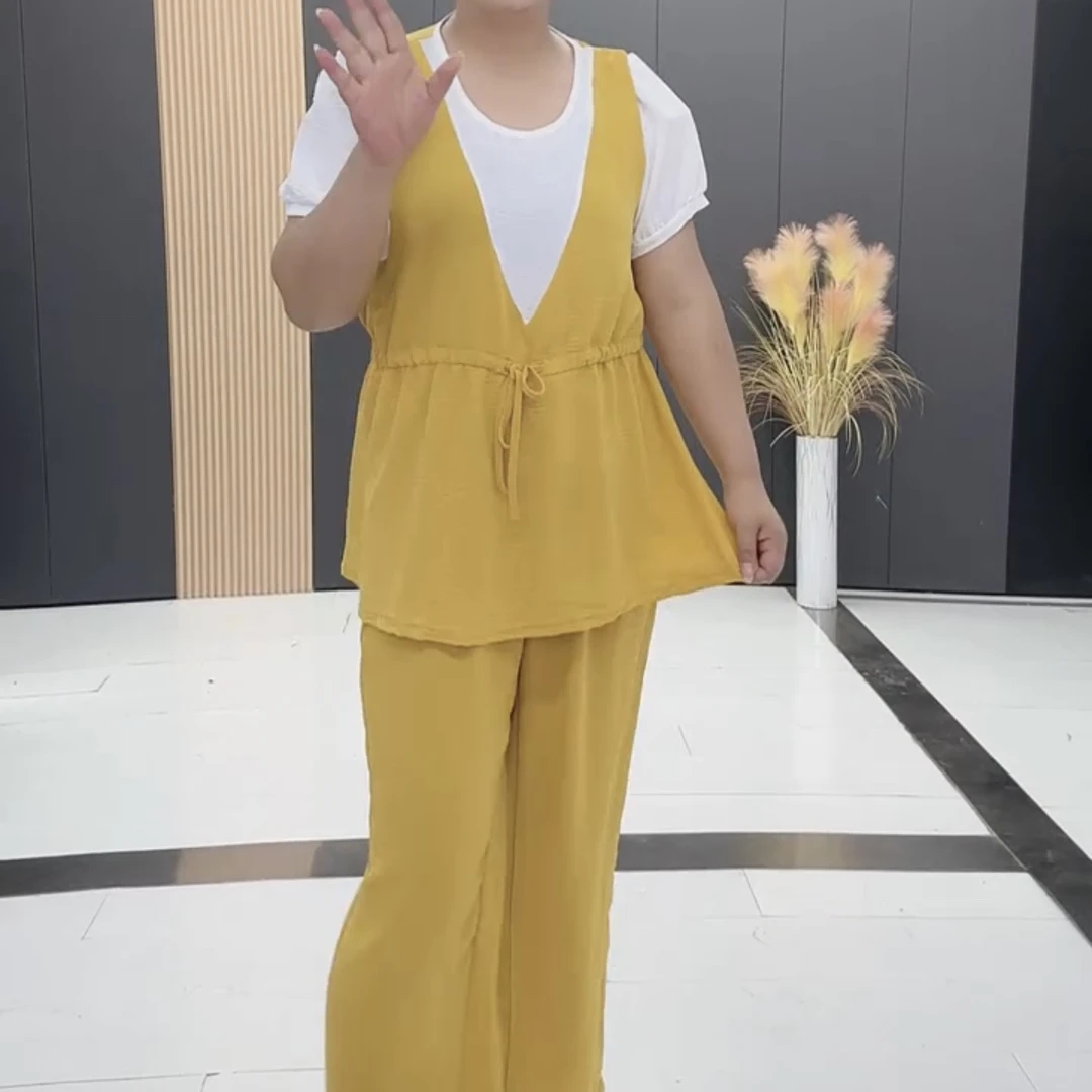 鑫家7067夏季新款套装两件套大码女装拼接宽松收腰