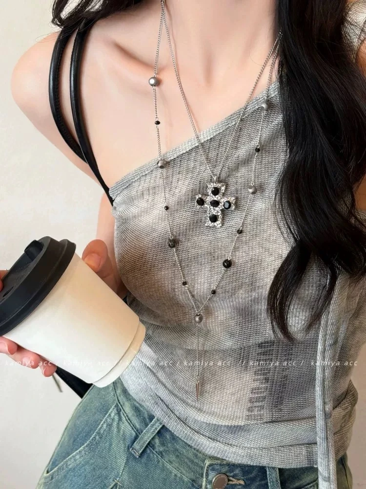 合金项链 暗黑十字架串珠叠戴项链女甜酷辣妹choker锁骨链