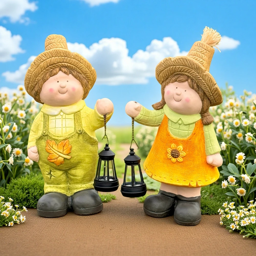 草帽男孩女孩太阳能提灯摆件户外庭院花园公园微景观造景摆件