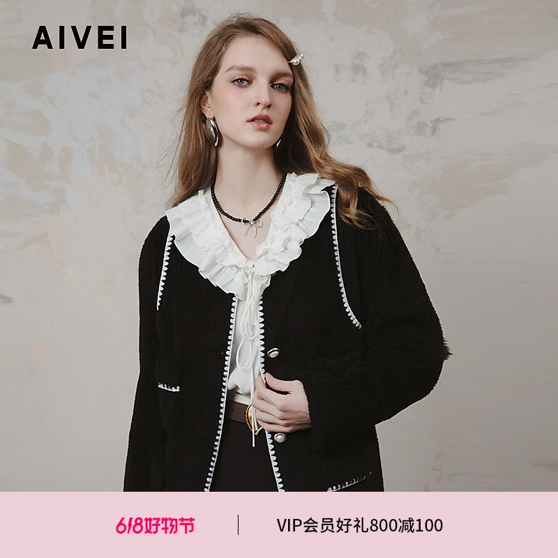 人造皮草 AIVEI艾薇冬季千金小香风黑色复古外套R767907B