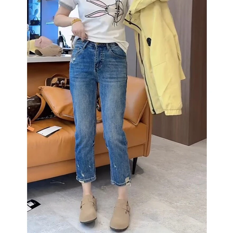 梨型身材高腰弹力烟管牛仔裤女2025年秋季新款小个子显瘦直筒裤