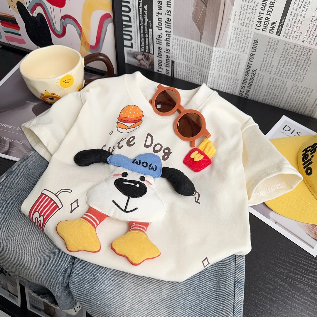 【立体玩偶狗狗】儿童短袖T恤夏装2025新款宽松韩版卡通上衣洋气