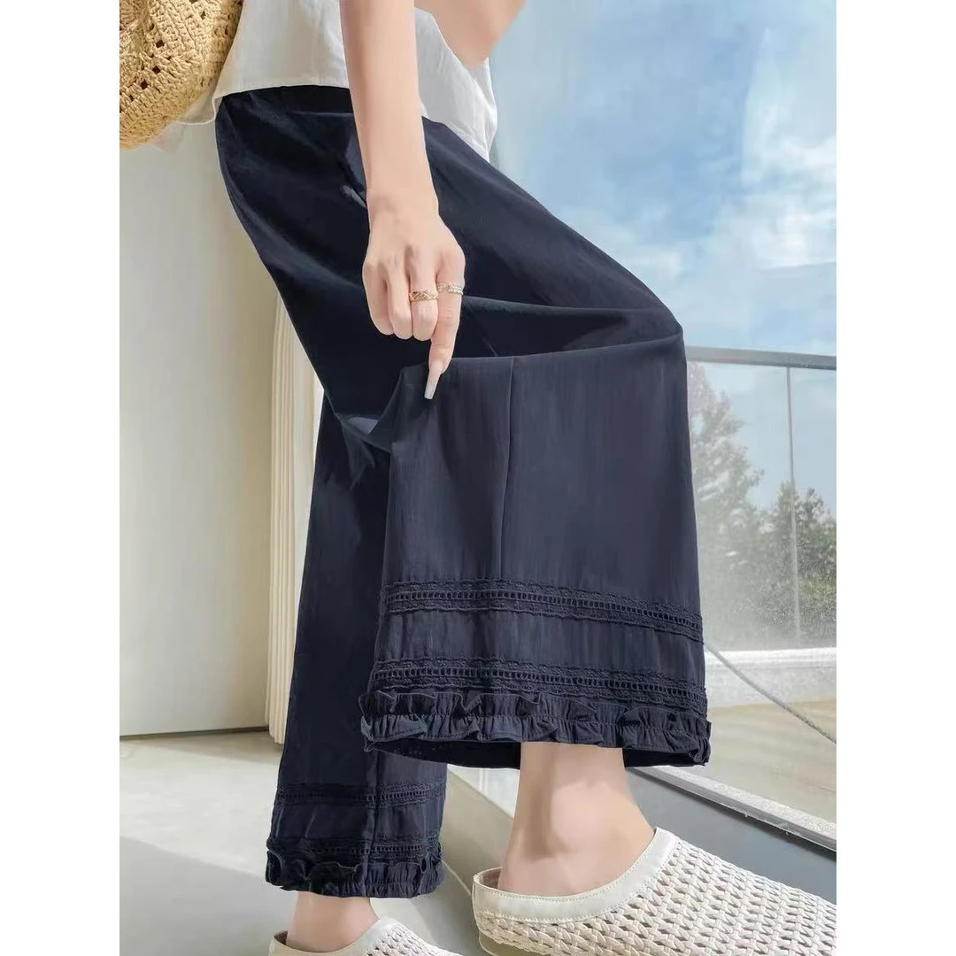 藏青色木耳花边阔腿裤女夏季薄款大码胖mm宽松休闲显瘦九分直筒裤