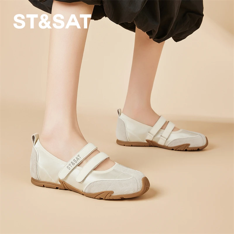 星期六真皮芭蕾风单鞋女2025秋季新款魔术贴平底德训鞋时尚休闲鞋