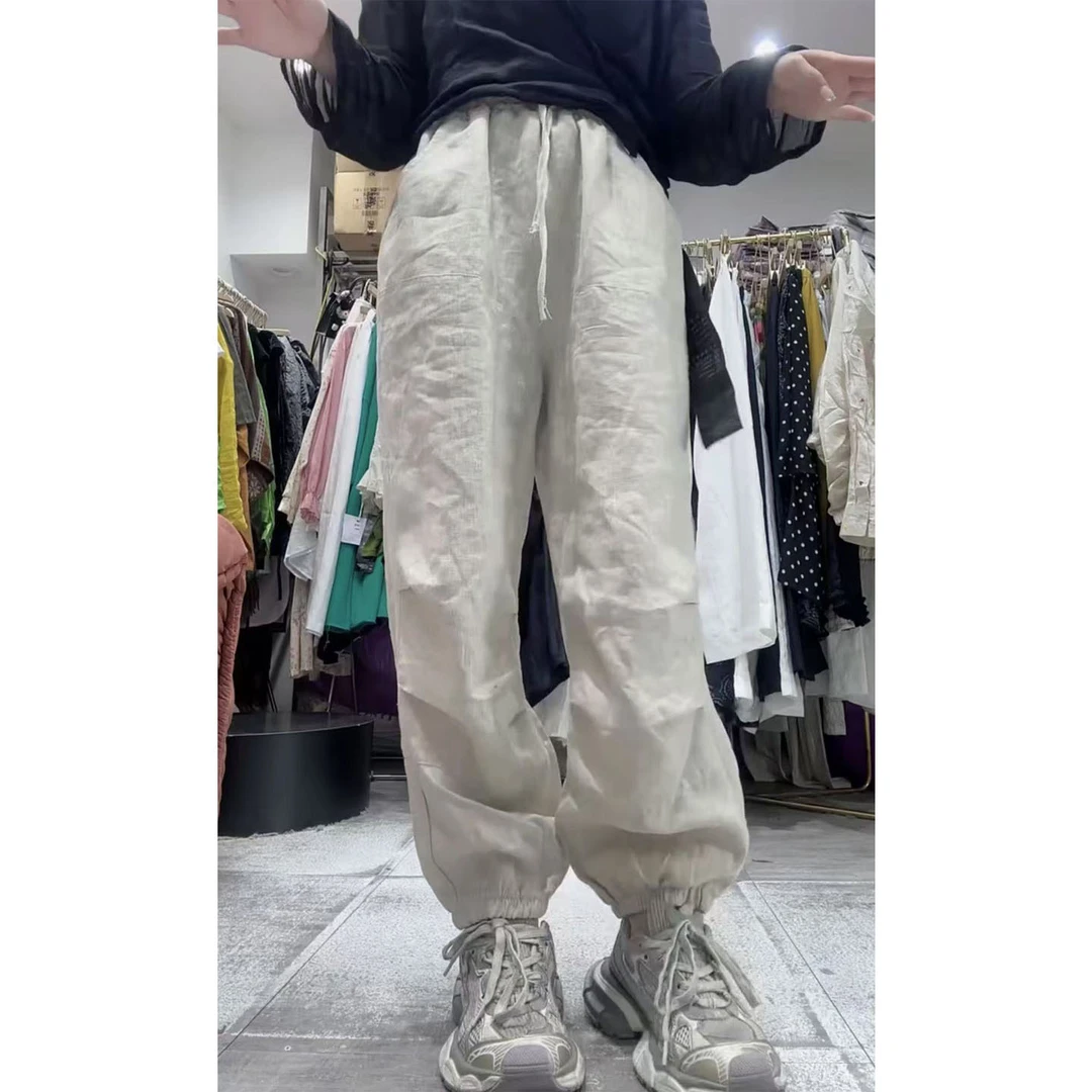 艾塔莉束脚裤水洗口袋透气休闲风休闲裤工装裤女宽松长裤透气紧腰