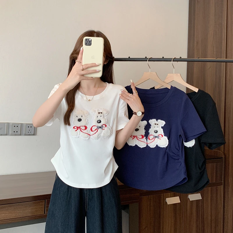 2025夏装新款夏装胖mm大码女韩系刺绣小狗贴布小众百搭短袖T恤