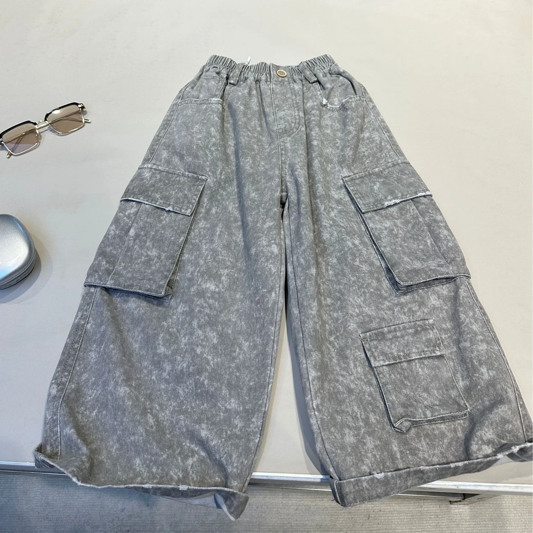 断码清仓  舒适洋气中大童炒盐工艺工装休闲长裤25173宽松