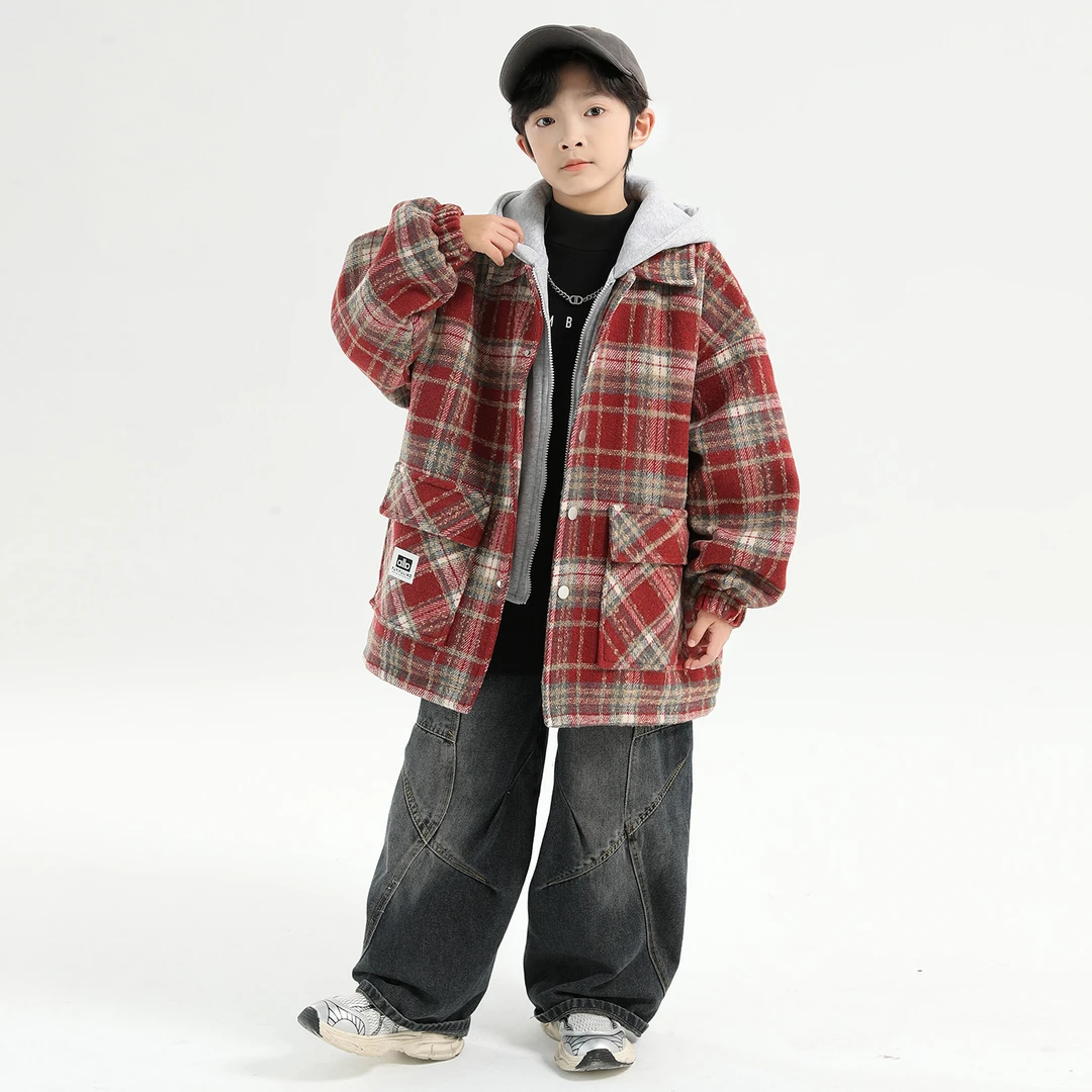男童格子呢大衣外套秋冬新款洋气连帽中大童保暖假两件毛呢大衣